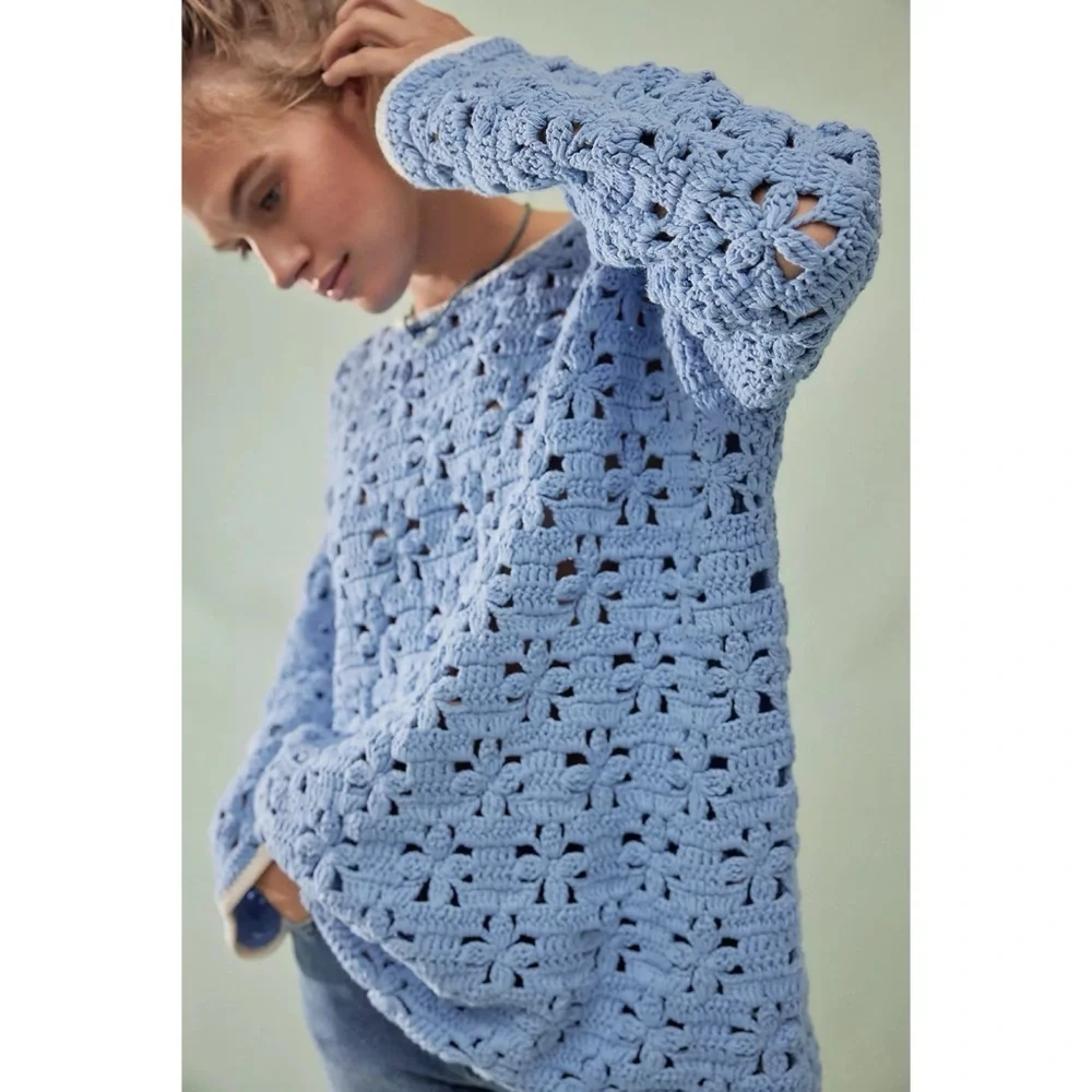 New Free People Crochet Knit Tunic Sweater Blue Floral XS